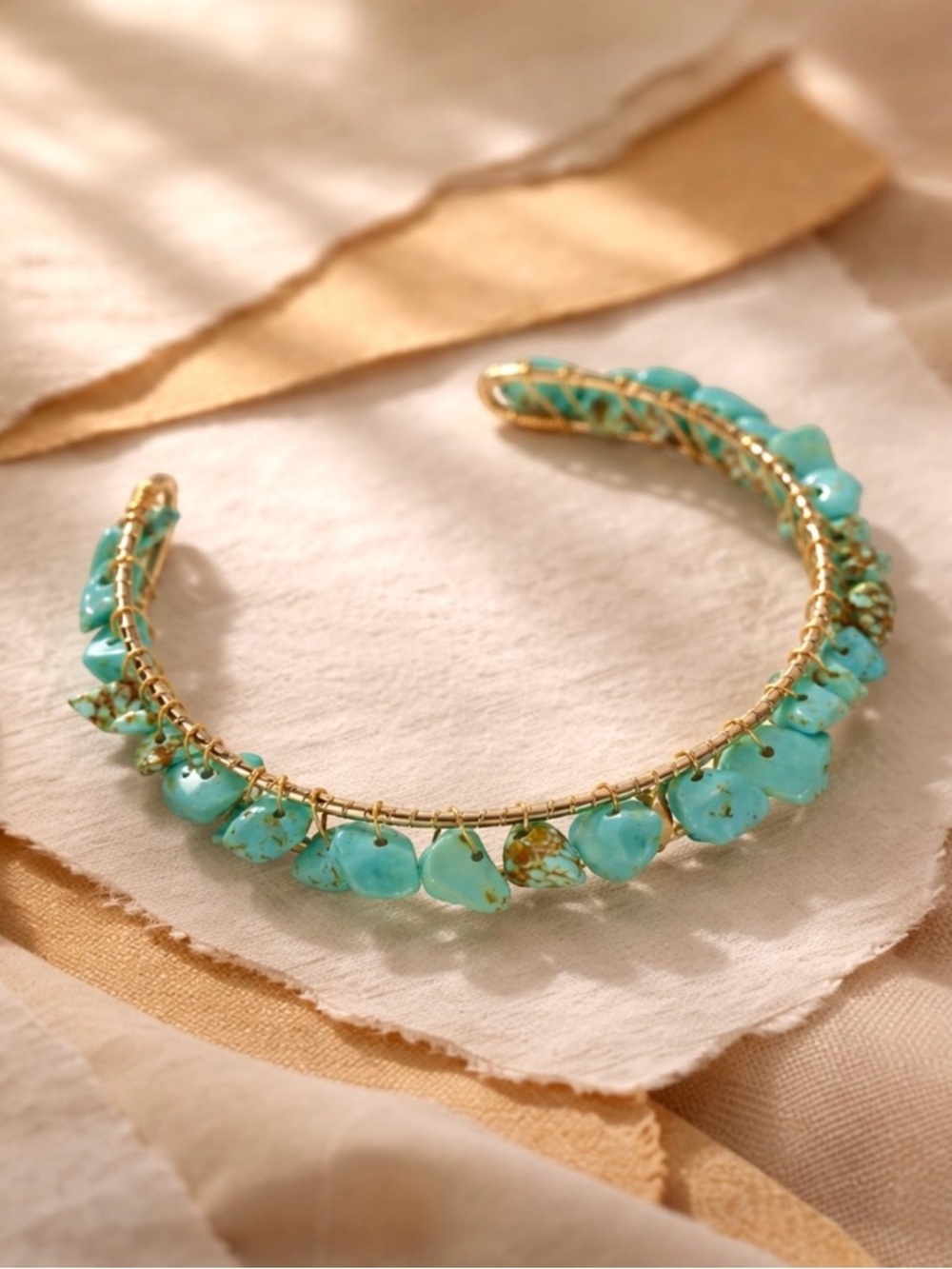 NEW Handcrafted Turquoise Beaded Cuff Bracelet 14K Plated Boho Western Festival